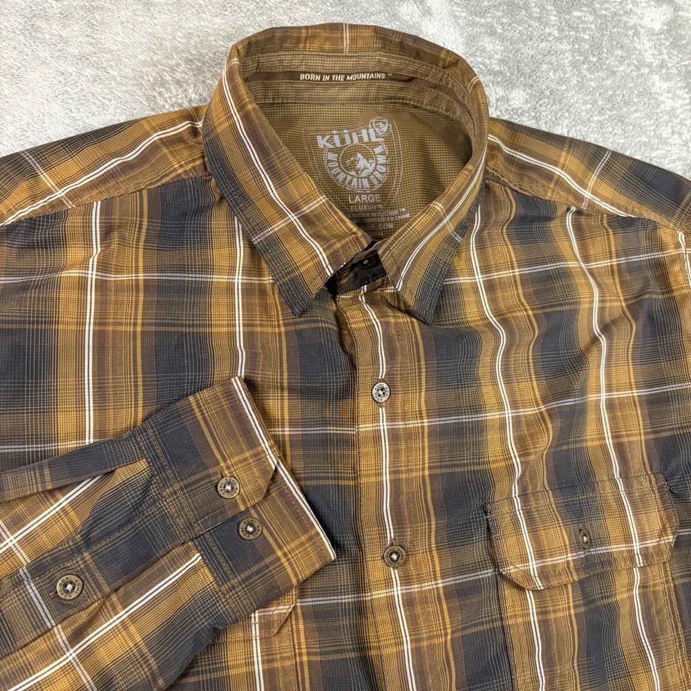 Kuhl Eluxur Men's L Charcoal Brown Plaid Ionik Button Up Shirt Hiking Gorpcore